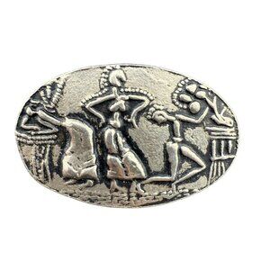 Tribal-Inspired Silver Tone Circular Brooch‎ Pin With Intricate Engraved Figures